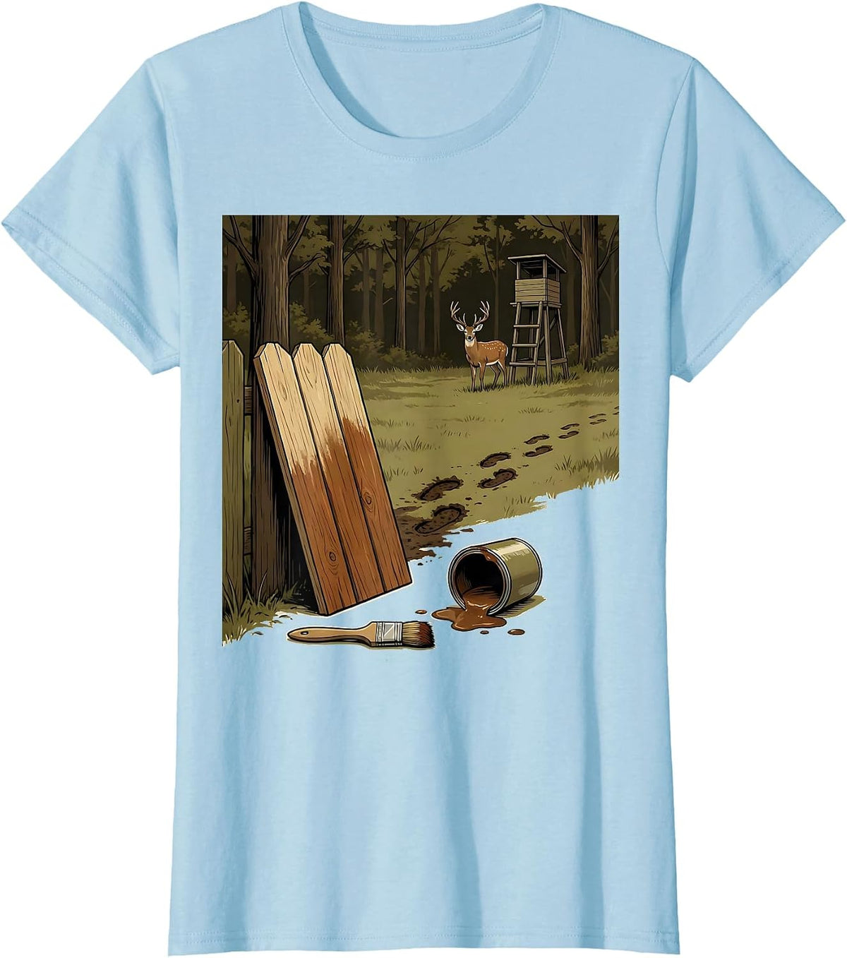 Women's Half-Painted Fence Board Deer Hunting Dad Humor T-Shirt - Baby Blue