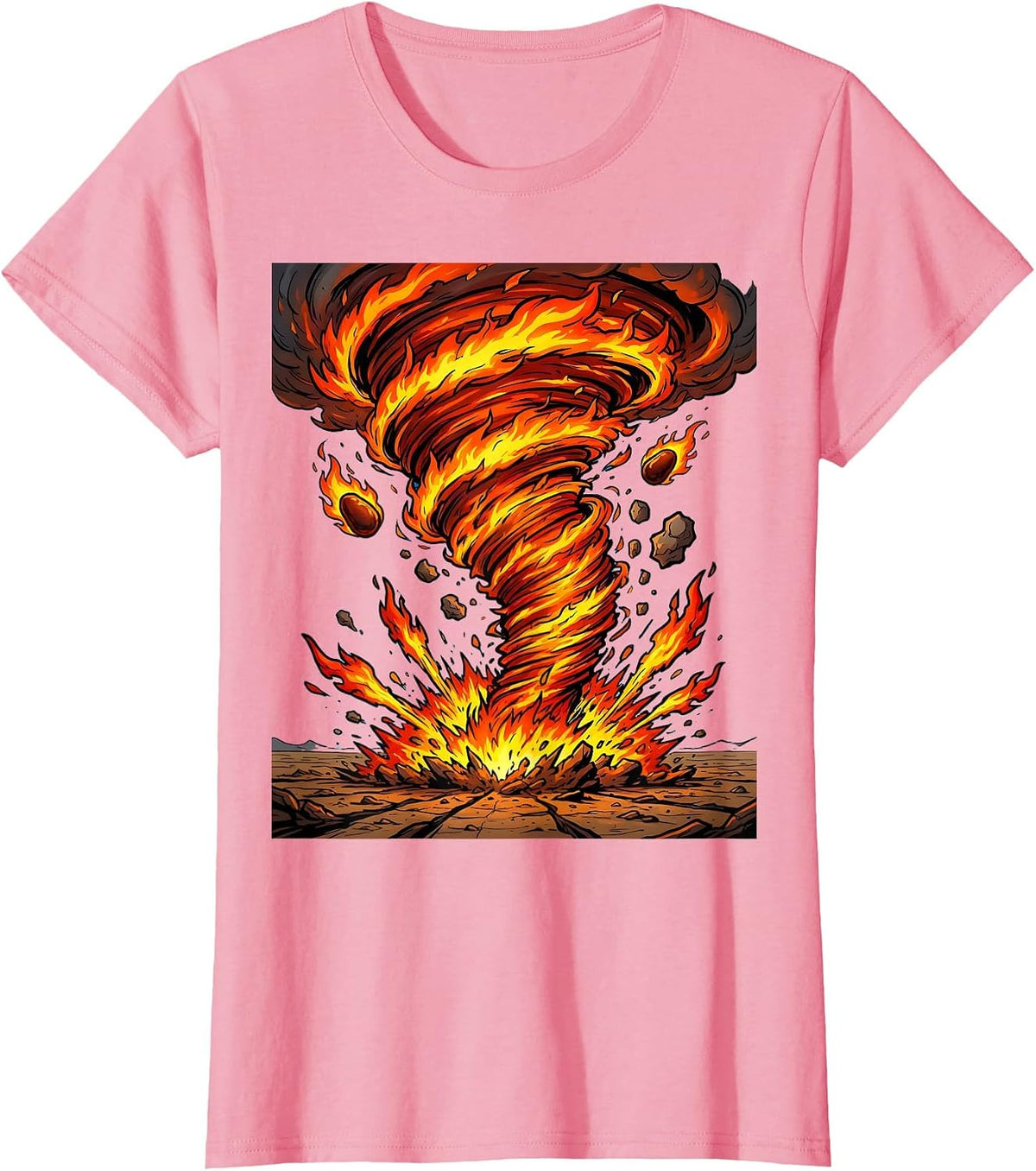 Women's Fire Tornado Swirling Across Open Landscape T-Shirt - Pink