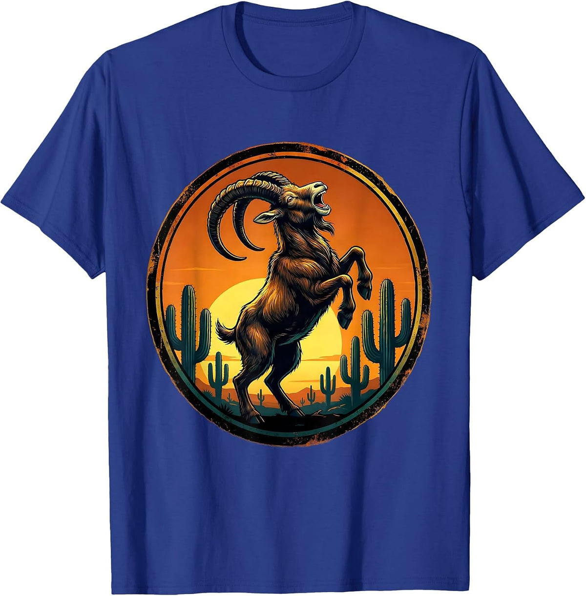 Men's Wild Goat Howling at Desert Sunset Sky T-Shirt - Royal Blue