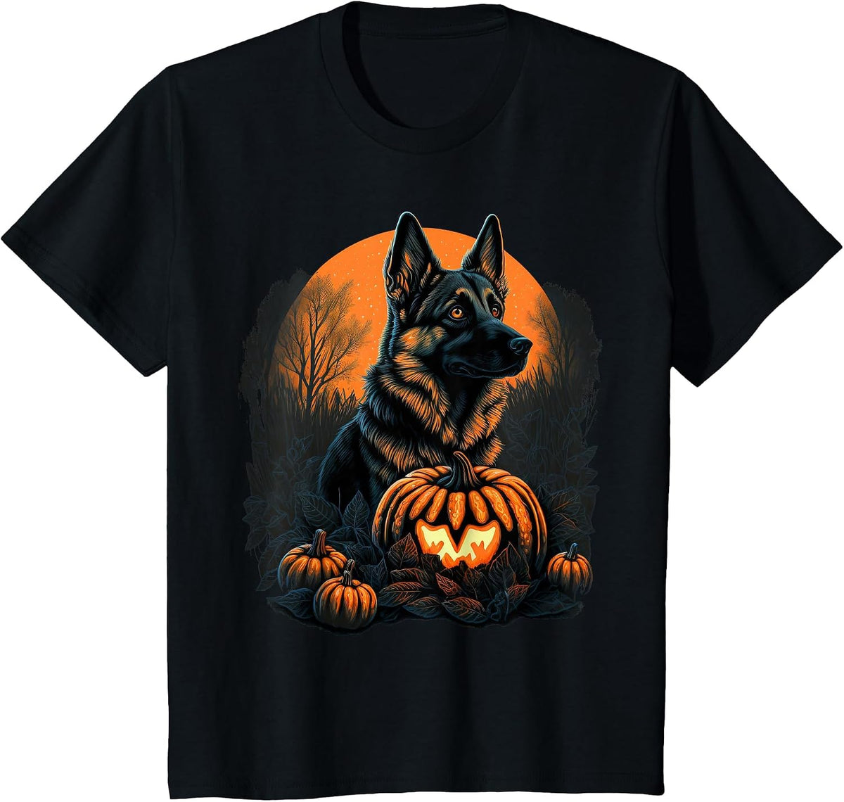 Pumpkin German Shepherd Costume on German Shepherd Halloween T-Shirt - Black