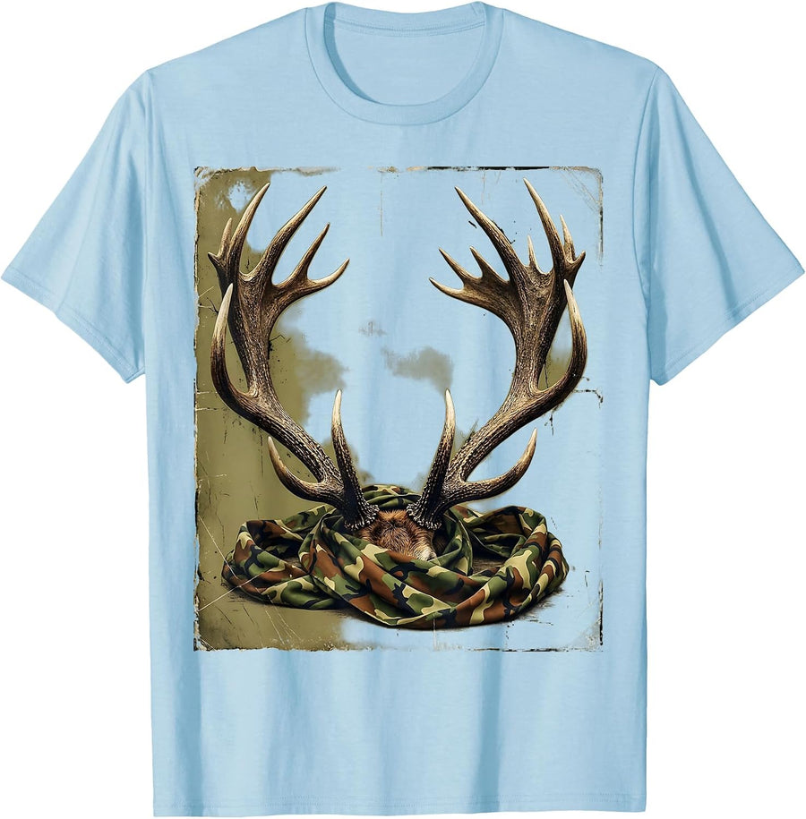 Men's Camo Deer Antler Crown Hunting Graphic T-Shirt - Baby Blue
