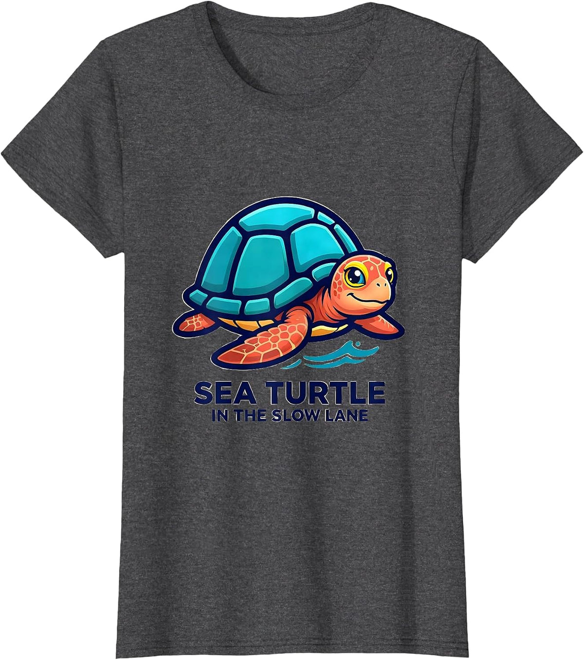 Women's Sea Turtle In The Slow Lane Funny Sea Turtle Mascot Logo T-Shirt - Dark Heather Grey