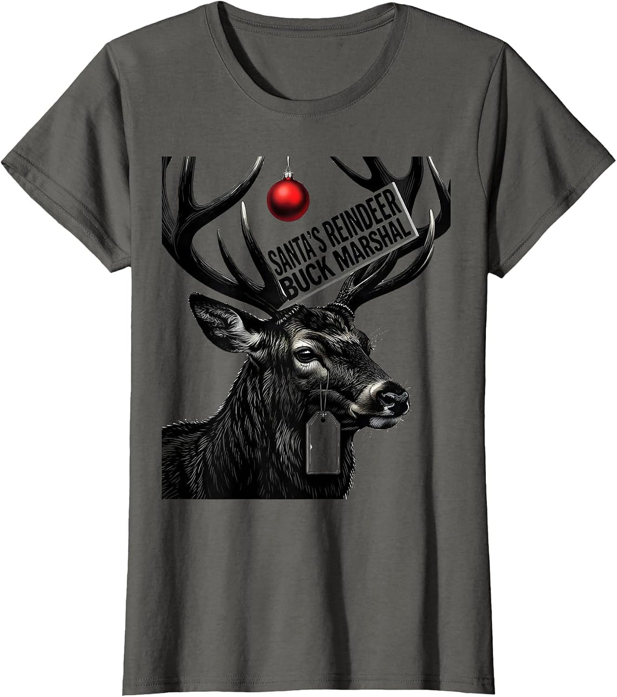 Women's Santa's Reindeer Buck Marshal Funny Hunting Christmas Deer T-Shirt - Asphalt Grey