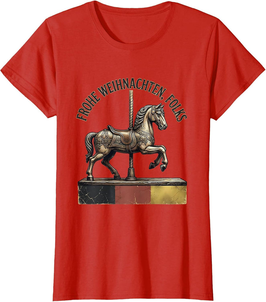 Women's Frohe Weihnachten, Folks Distressed German Heritage Humor T-Shirt - Red