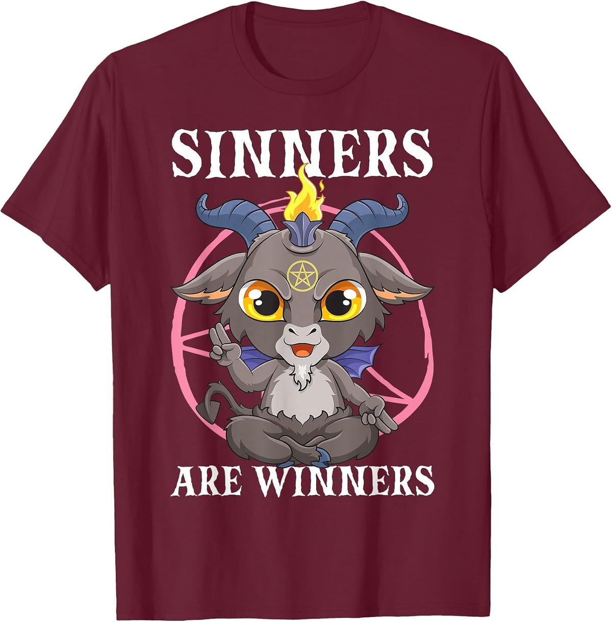 Sinners are Winners Satanic Baphomet Satan Goat Pentagram T-Shirt - Burgundy