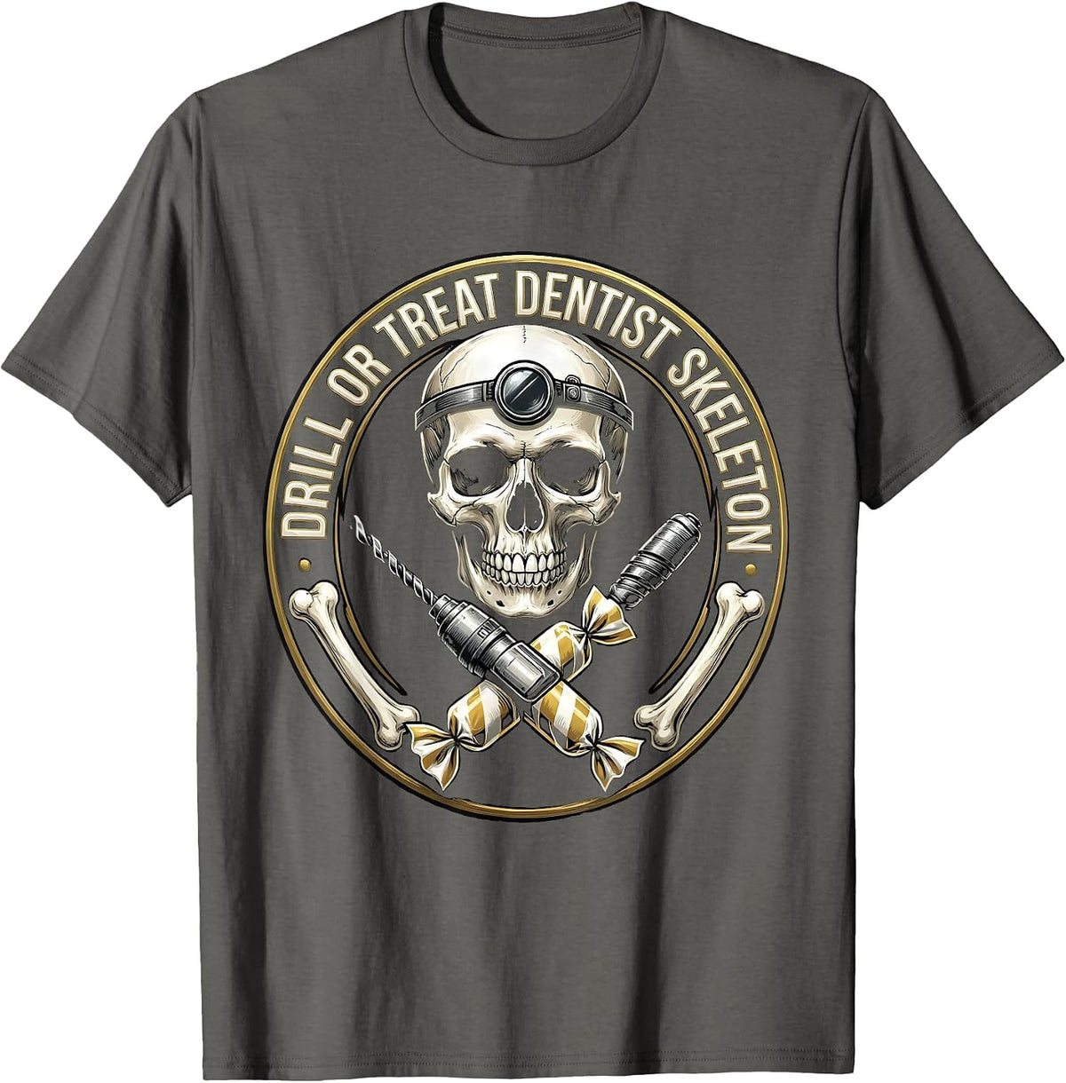 Men's Drill or Treat Halloween Dentist Skeleton Design T-Shirt - Asphalt Grey
