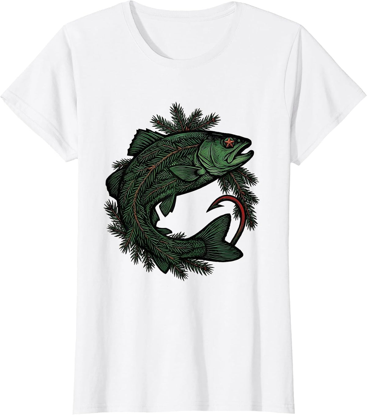 Trout Wreath Woodcut Engraving Funny Fisherman Christmas T-Shirt - White