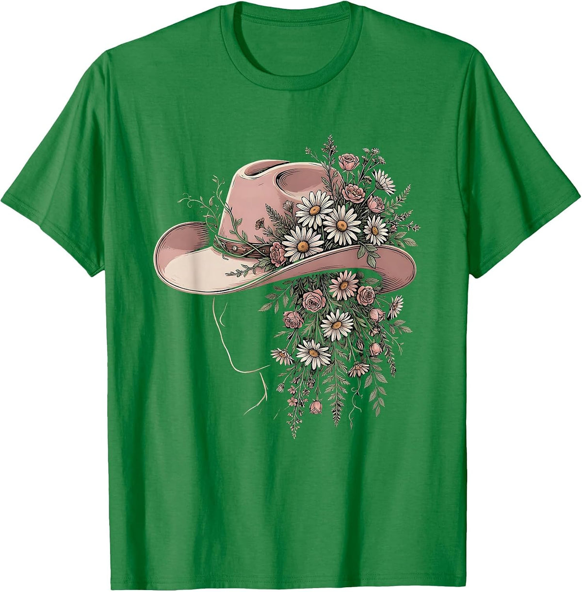 Men's Wildflower Cowboy Hat Western Boho Illustration T-Shirt - Kelly Green
