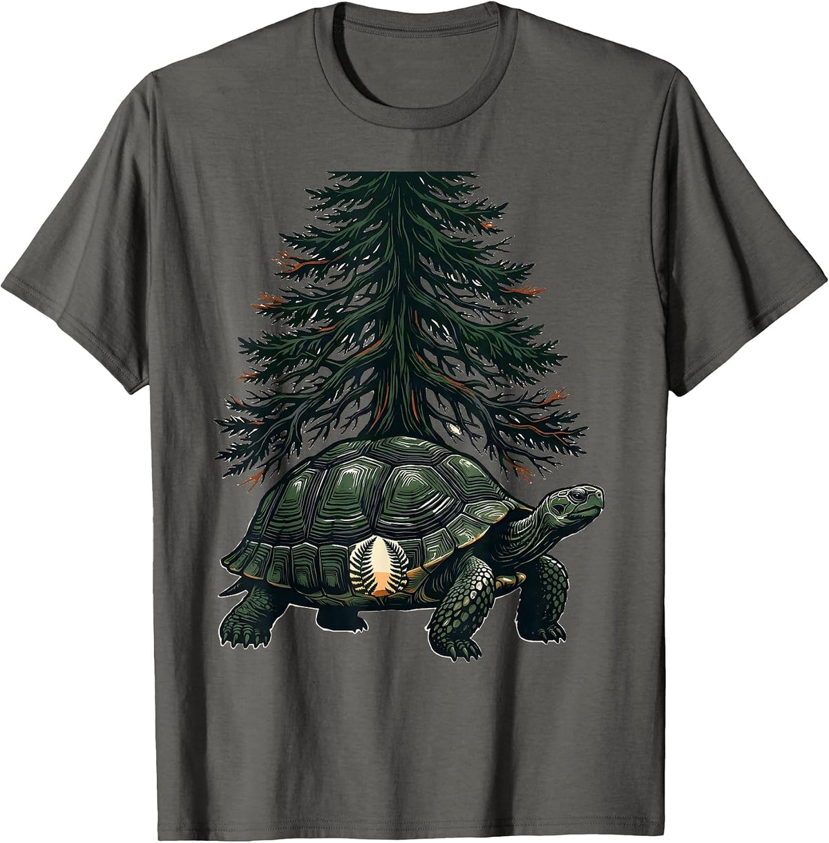 Woodland Turtle Linocut Nature Lover Forest Wildlife T-Shirt - Asphalt Grey