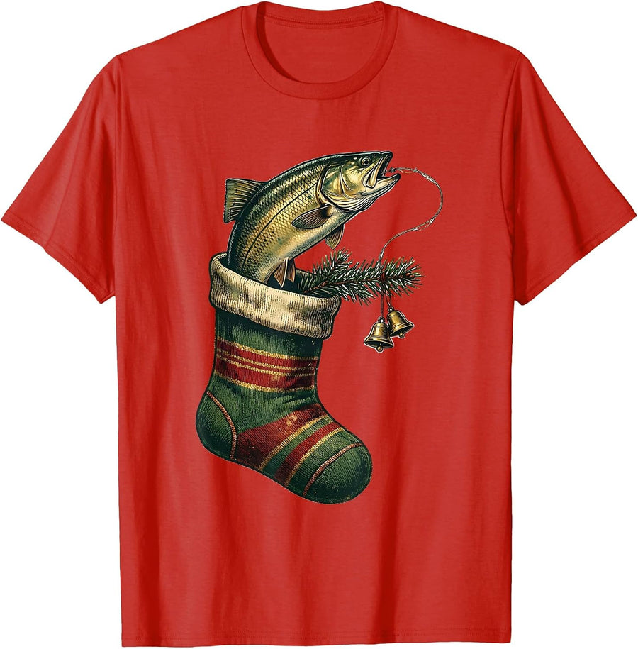 Men's Leaping Trout Christmas Stocking Vintage Fishing Dad Gift T-Shirt - Red