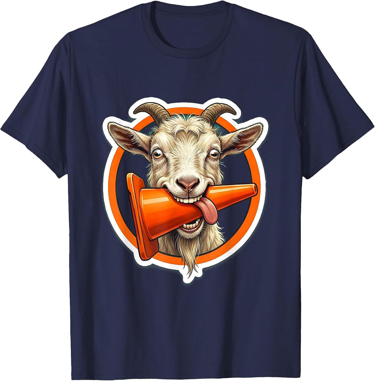 Men's Derpy Goat Eating a Traffic Cone Funny Illustration T-Shirt - Navy Blue