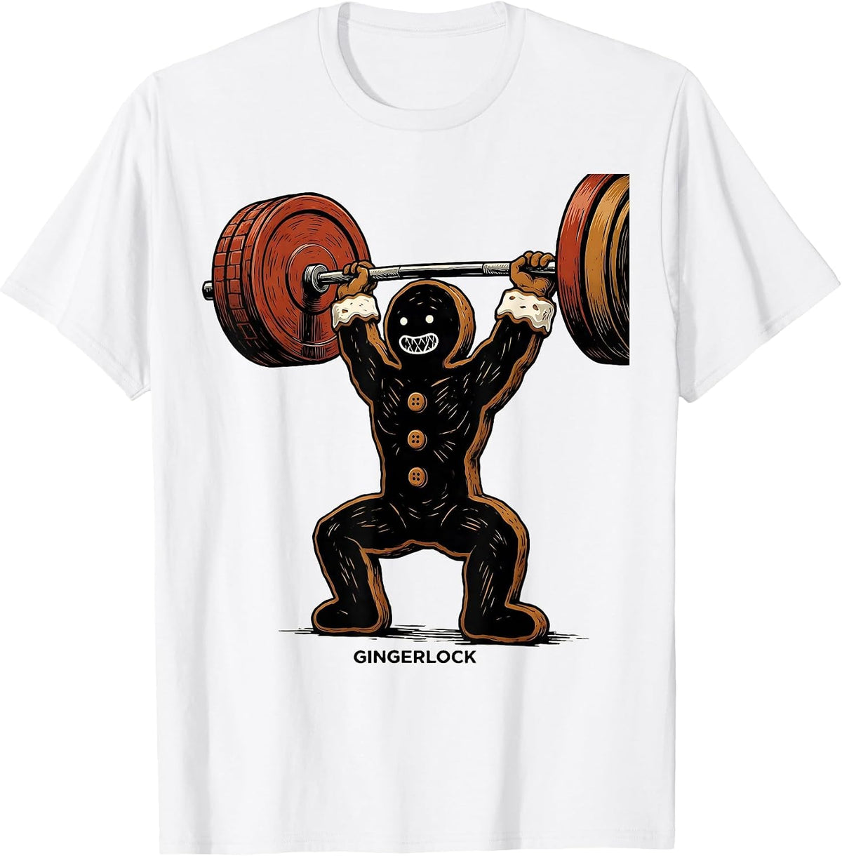 Men's Gingerlock Linocut Gingerbread Man Gym Weightlifting T-Shirt - White