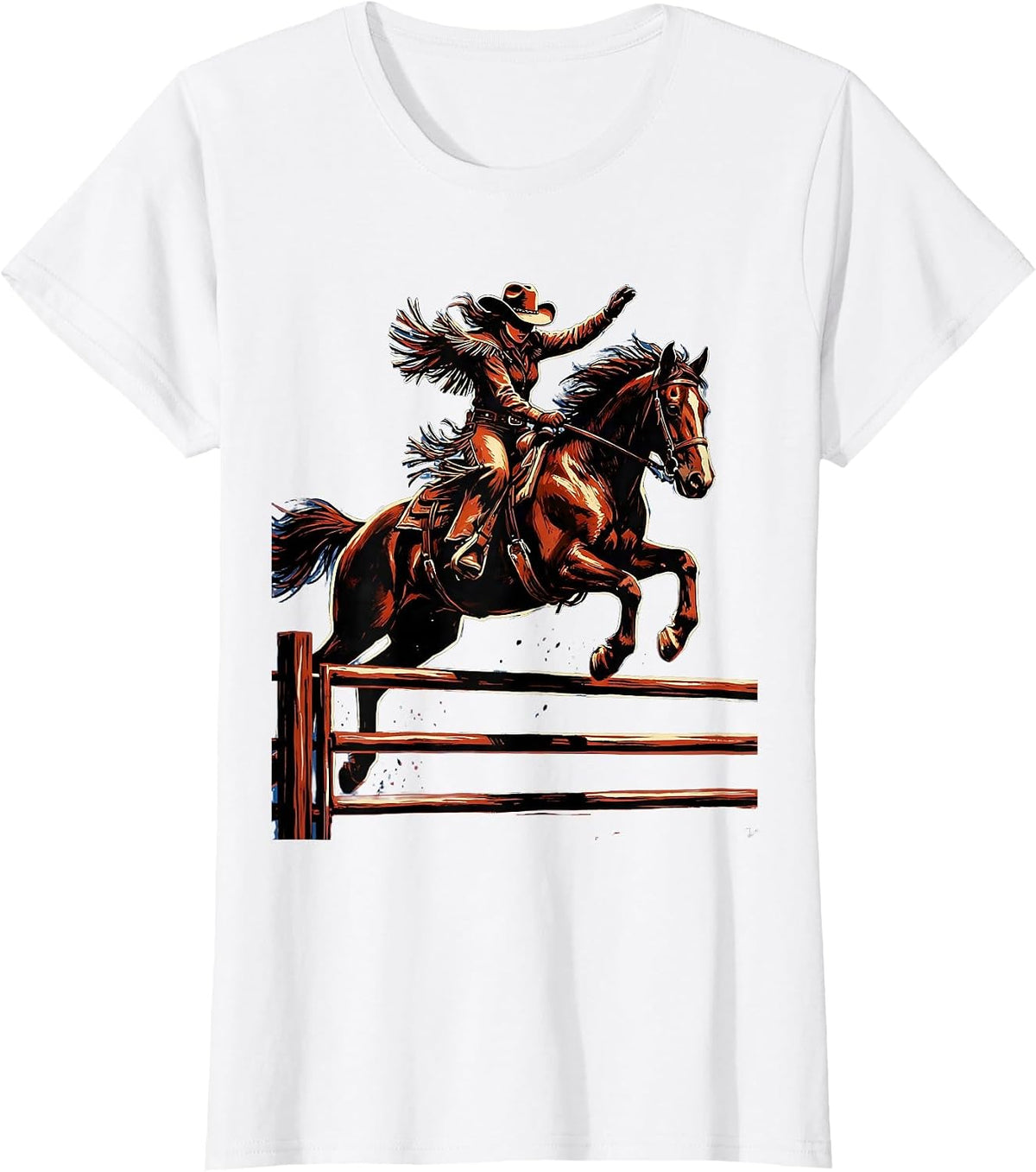 Cowgirl and Horse Leaping Fence Rodeo Graphic T-Shirt - White