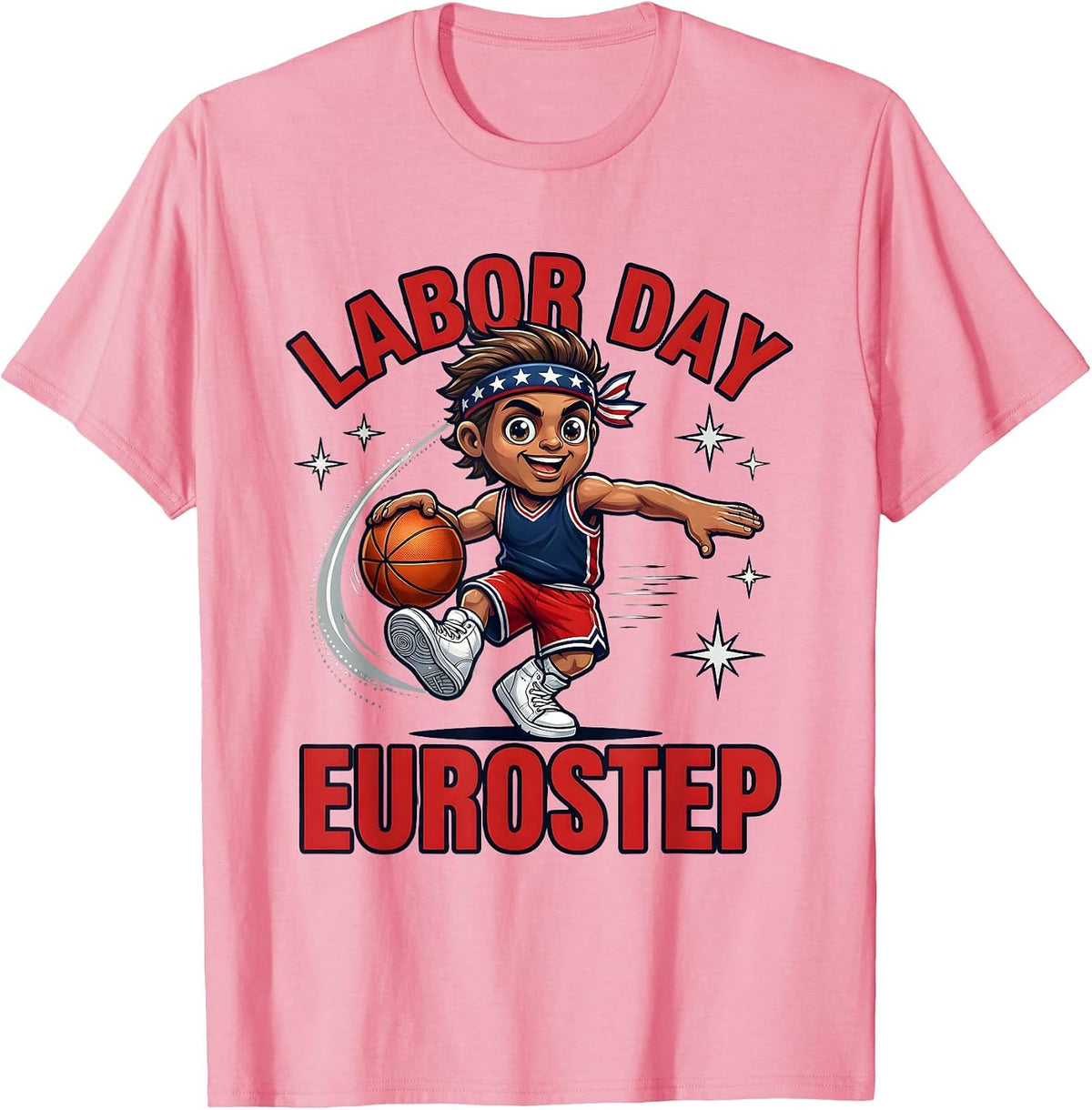 Men's LABOR DAY EUROSTEP Cartoon Basketball Player Patriotic T-Shirt - Pink