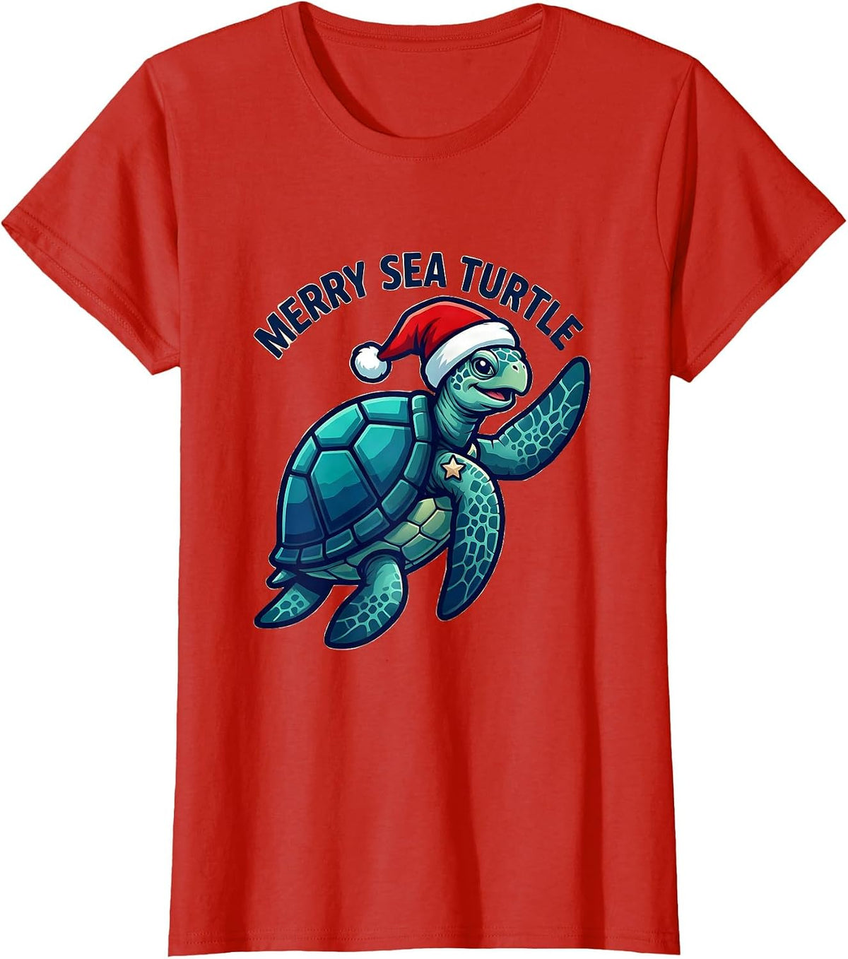 Women's Merry Sea Turtle Whimsical Santa Hat Sea Turtle Lover T-Shirt - Red