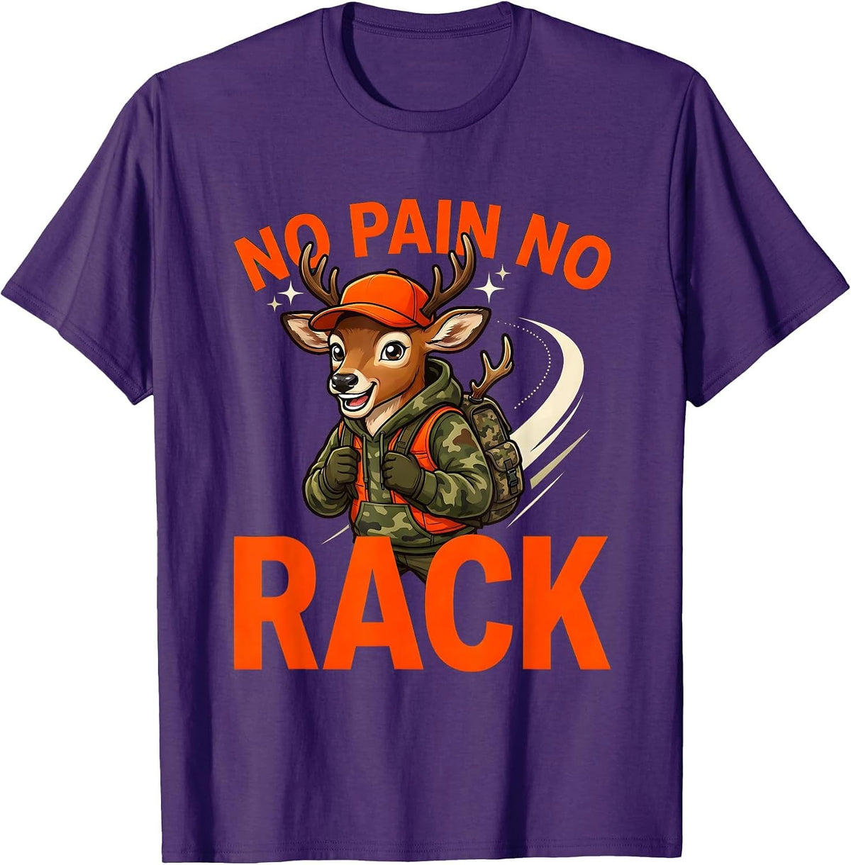 Men's NO PAIN NO RACK Funny Cartoon Deer Hunter Hunting Camp T-Shirt - Purple