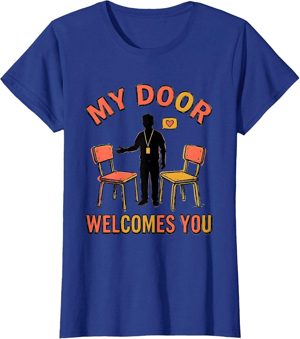 Women's My Door Welcomes You Groovy Retro School Counselor T-Shirt - Royal Blue