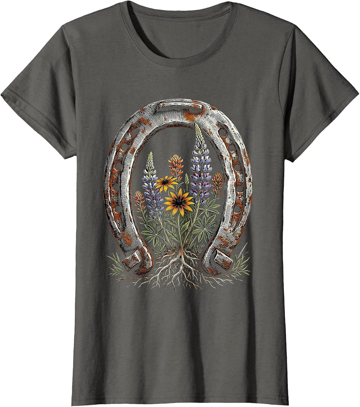 Women's Wildflower Horseshoe Western Boho Graphic T-Shirt - Asphalt Grey