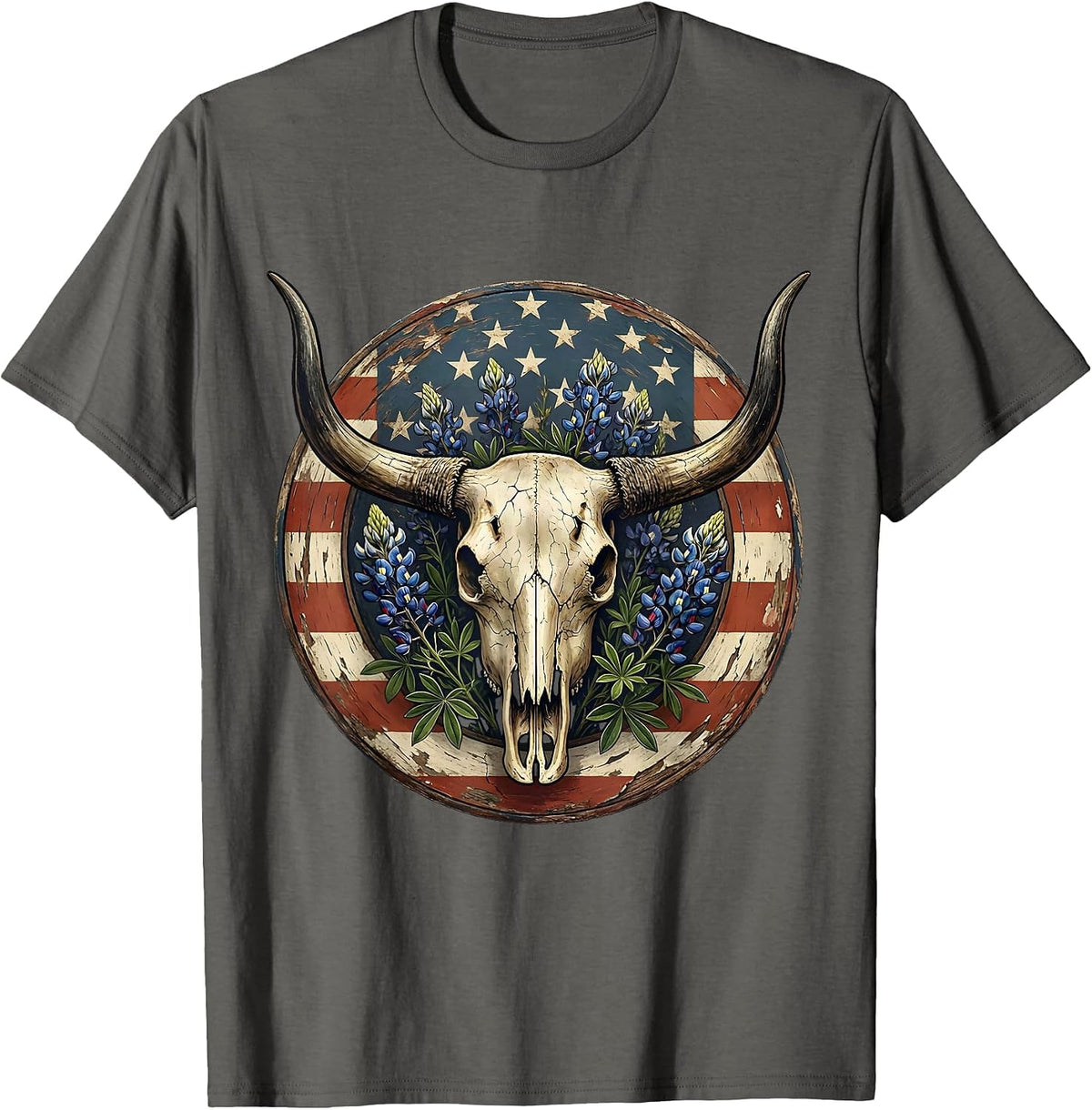 Longhorn Skull Wildflowers Western Boho Design T-Shirt - Asphalt Grey