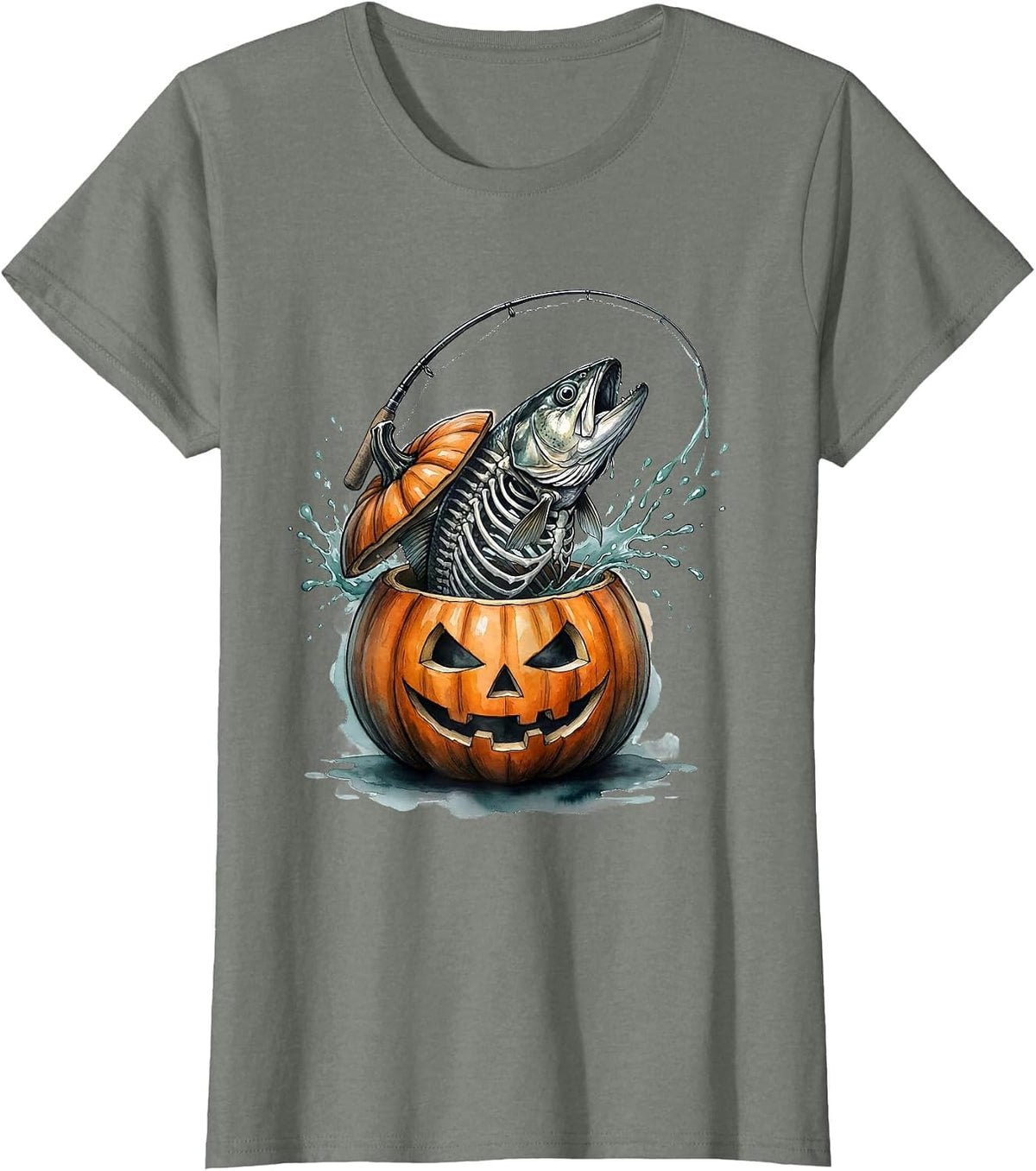 Watercolor Skeletal Trout Pumpkin Fishing Halloween T-Shirt - Olive Heather