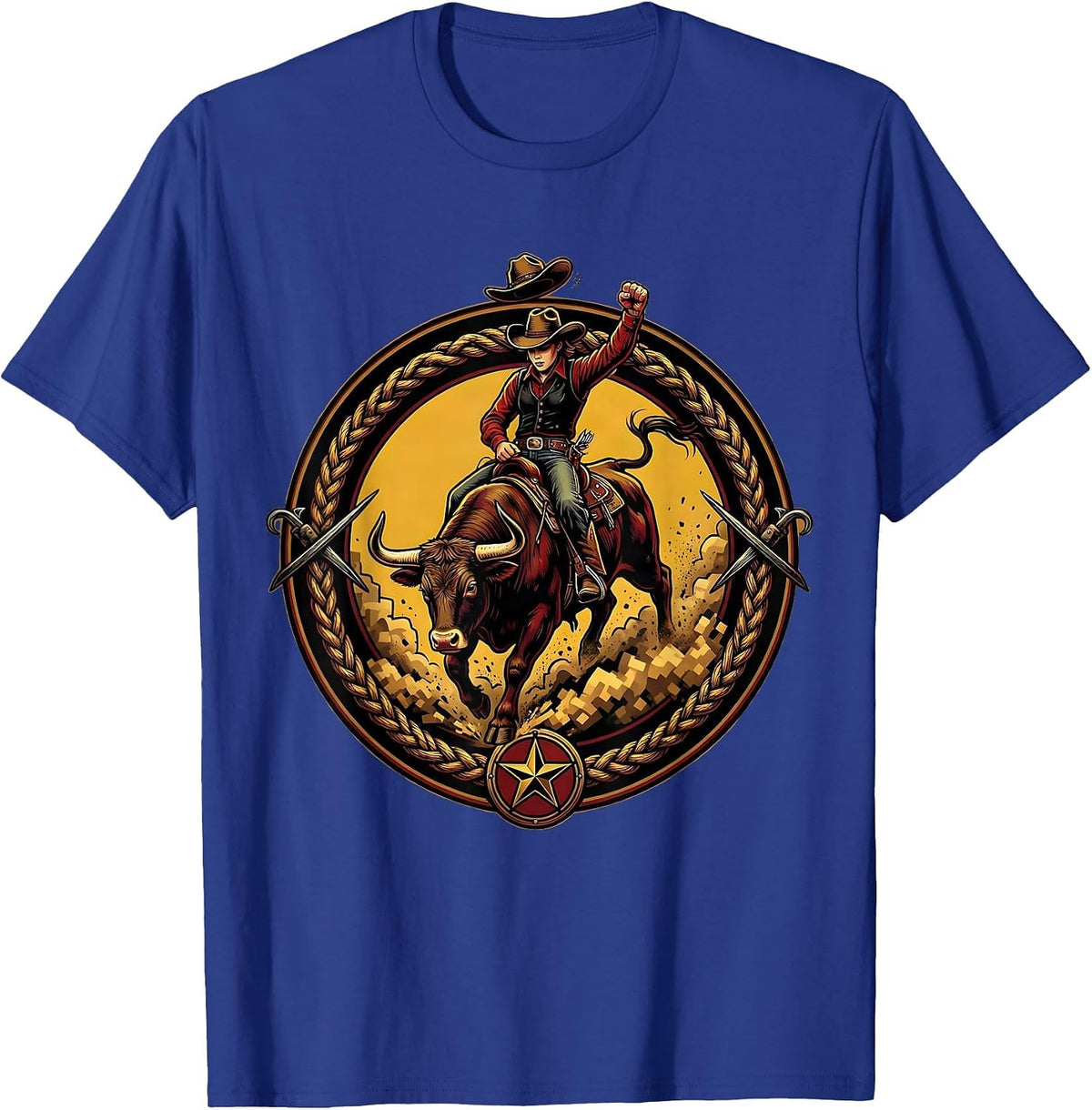 Cowgirl Riding Bull Dusty Rodeo Arena Graphic T-Shirt - Royal Blue