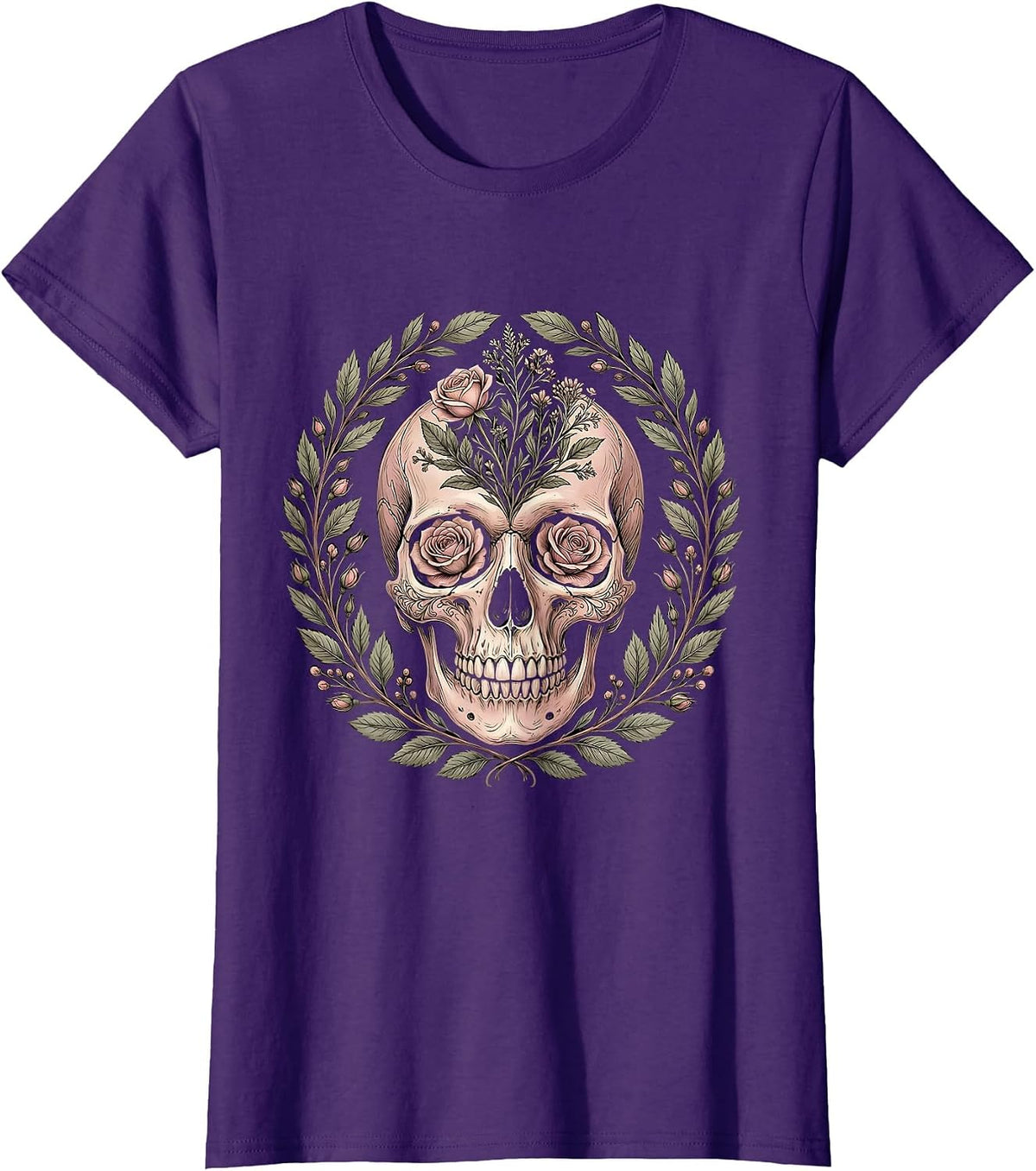 Women's Floral Skull Howdy Western Gothic Design T-Shirt - Purple