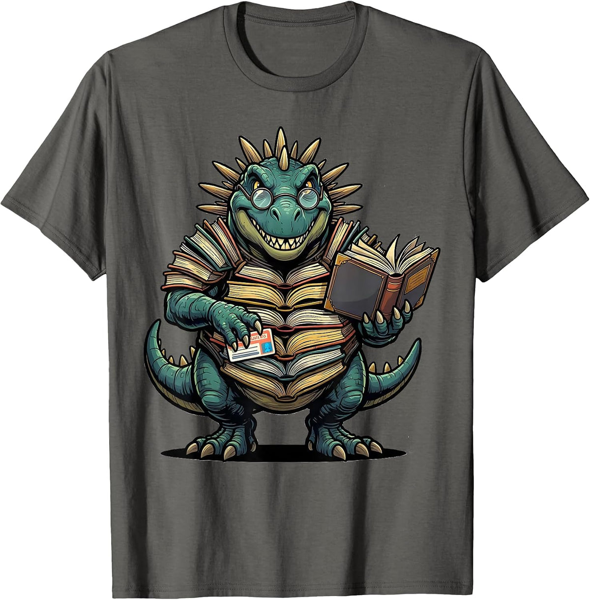 Men's Dinosaur Reading Teacher Librarian Bookworm Humor T-Shirt - Asphalt Grey