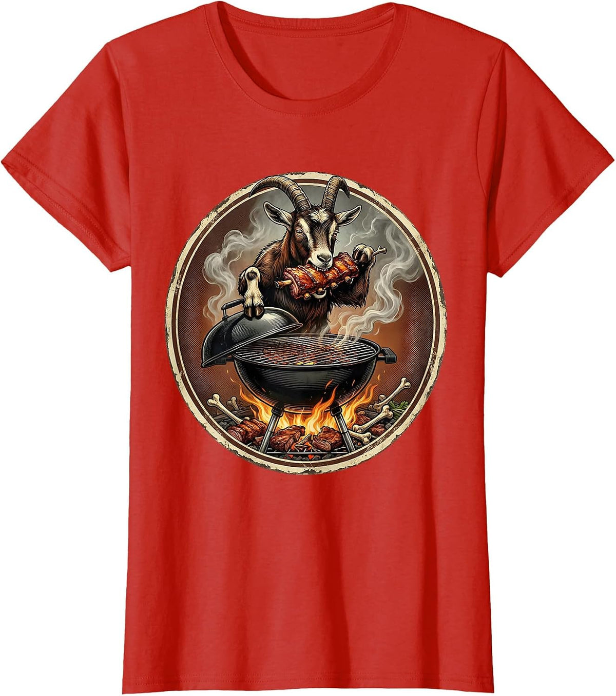 Hungry Goat BBQ Grill Funny Graphic Design T-Shirt - Red