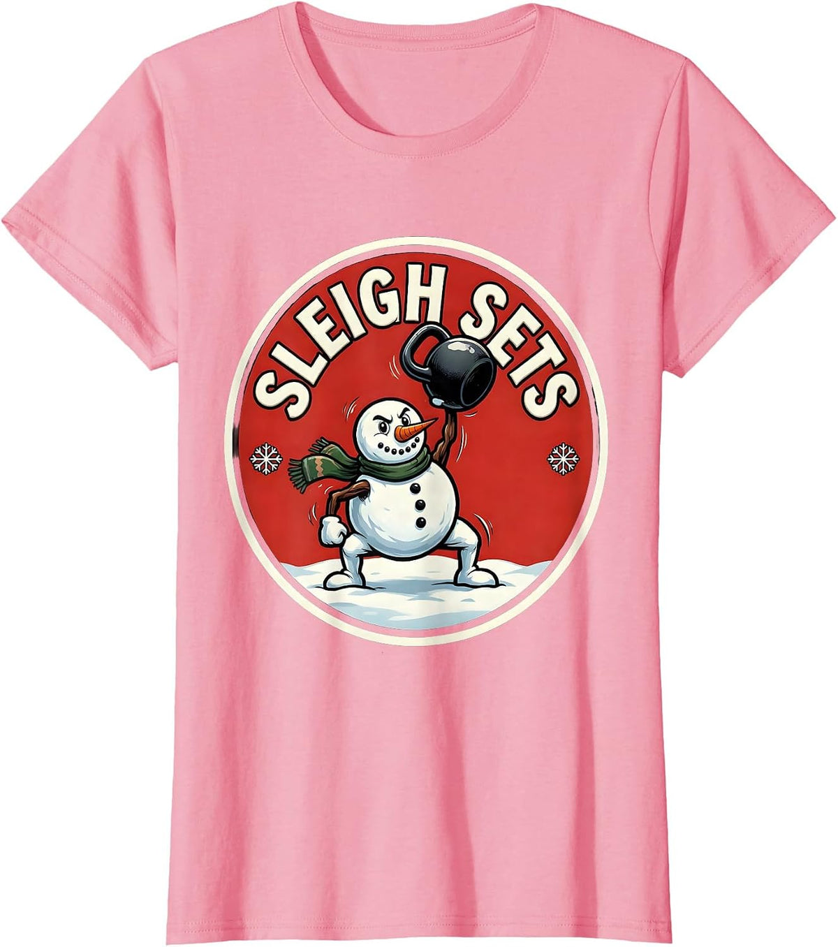 Women's Sleigh Sets Cartoon Christmas Weightlifting Gym Humor T-Shirt - Pink