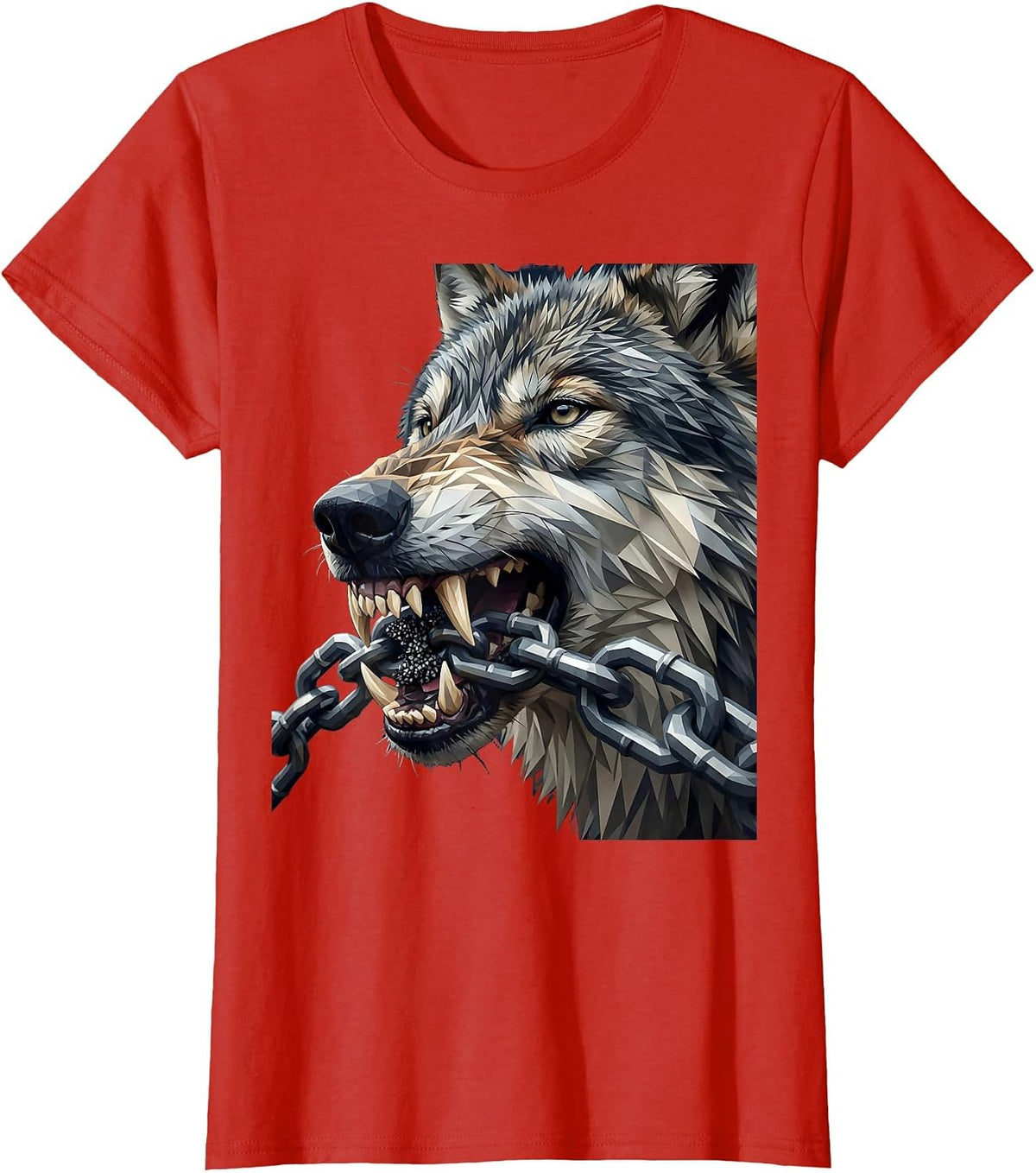 Wolf Teeth Biting Iron Chain Graphic T-Shirt - Red