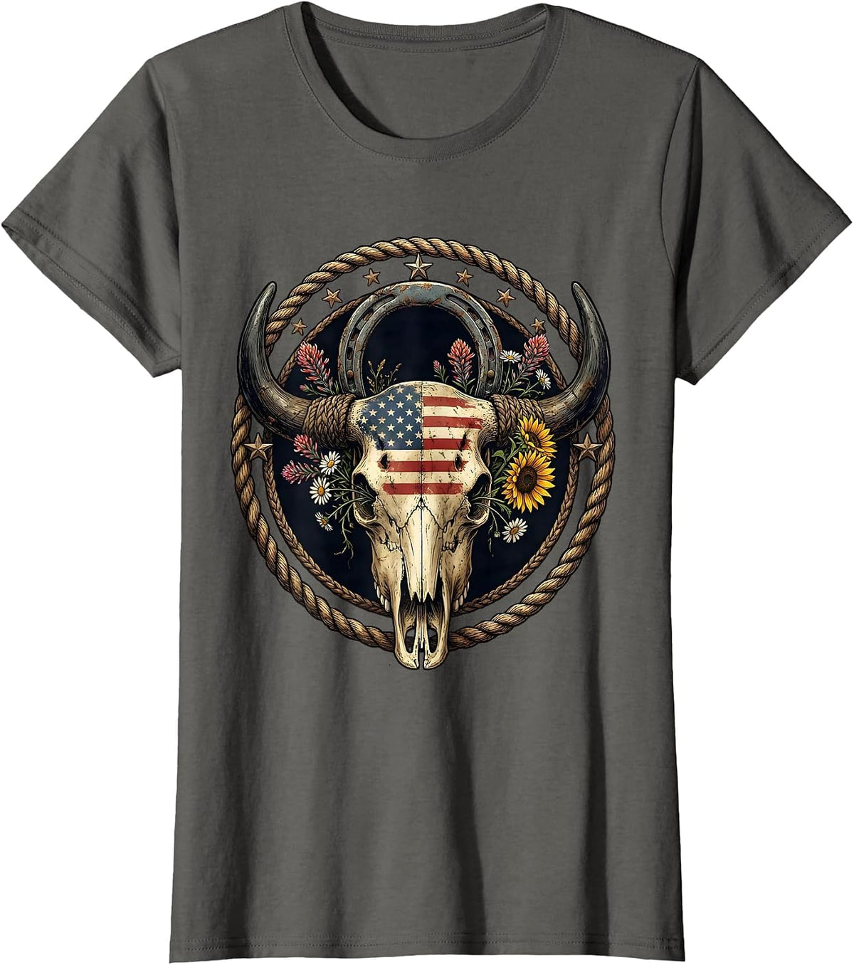Women's Buffalo Skull Wildflowers Western Boho USA Design T-Shirt - Asphalt Grey