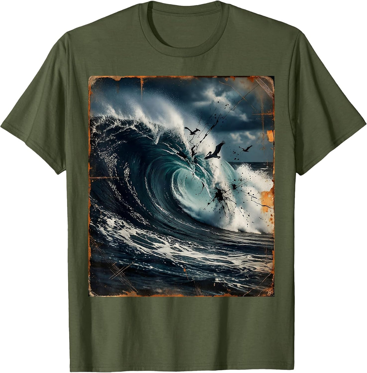 Men's Gulf of America Storm Surge Coastline Illustration T-Shirt - Olive Green