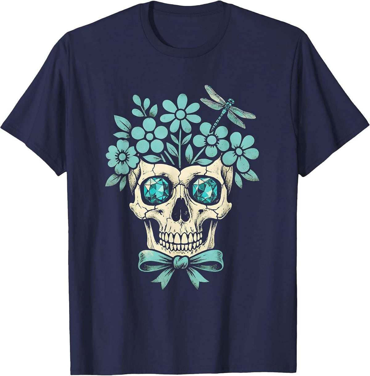 Turquoise Eyed Western Skull Graphic Tee T-Shirt - Navy Blue