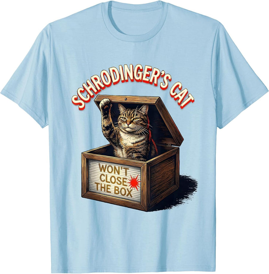 Men's Schrodinger's Cat Won't Close The Box Funny Quantum Physics T-Shirt - Baby Blue