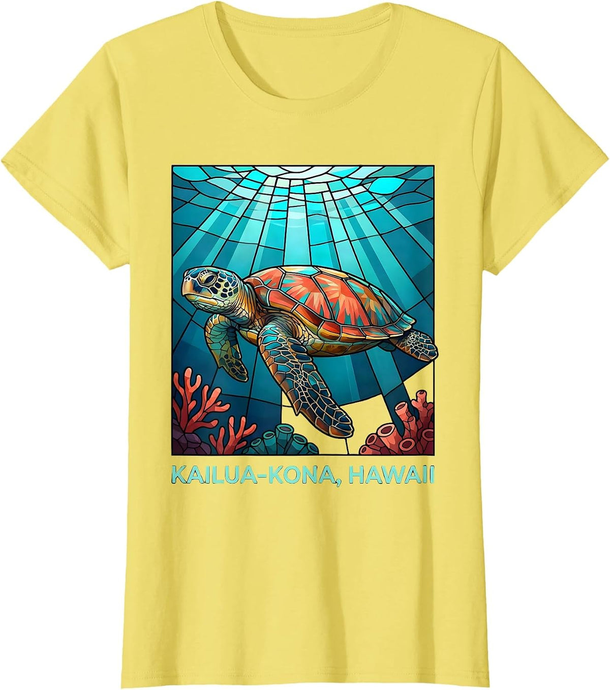 Women's Kailua-Kona, Hawaii Stained Glass Mosaic Sea Turtle Souvenir T-Shirt - Lemon Yellow