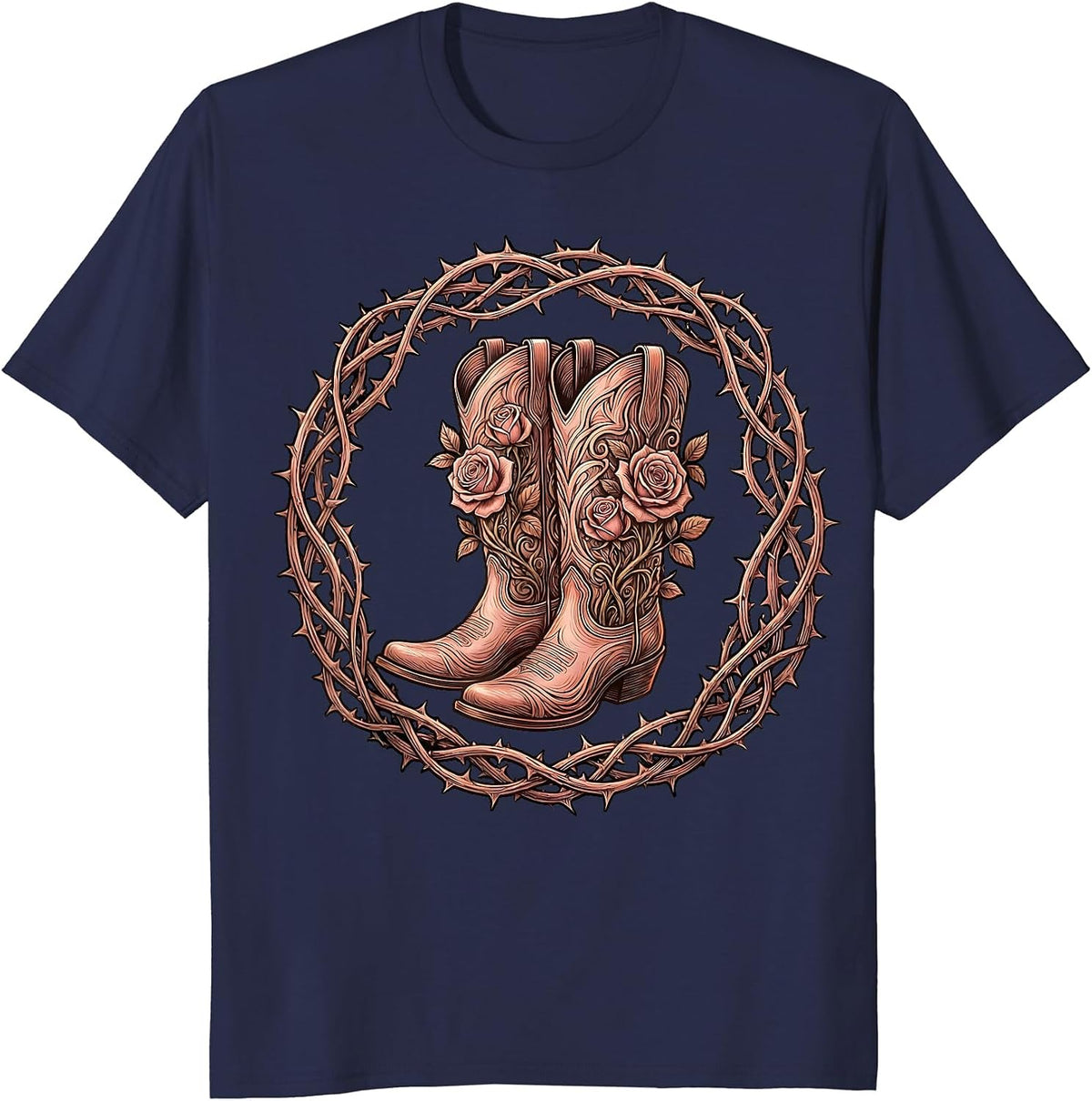 Cowboy Boots Rose Vine Western Graphic T-Shirt - Navy Blue