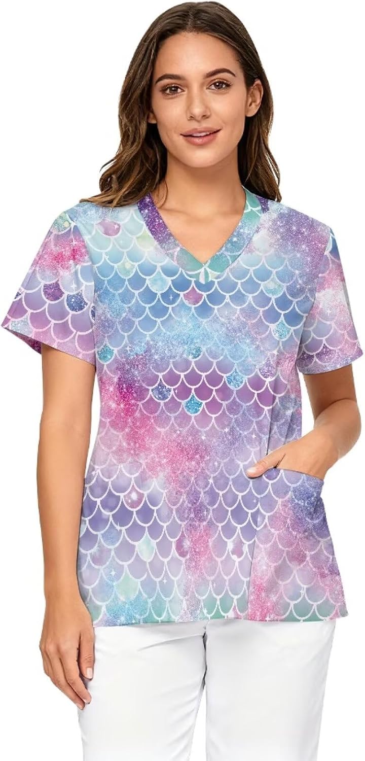Scrub Tops Women Short Sleeve V-Neck Holiday Printed Medical Nurse Uniforms Scrub Tops Shirt with Pockets - Cute Dog and