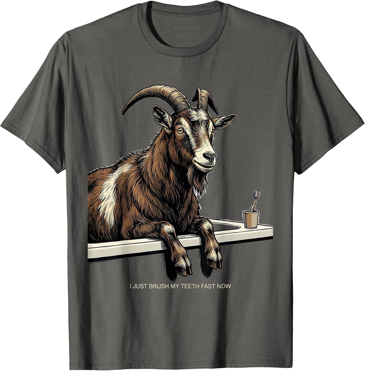 Men's I Just Brush My Teeth Fast Now Funny Goat Lover Farmer Gift T-Shirt - Asphalt Grey