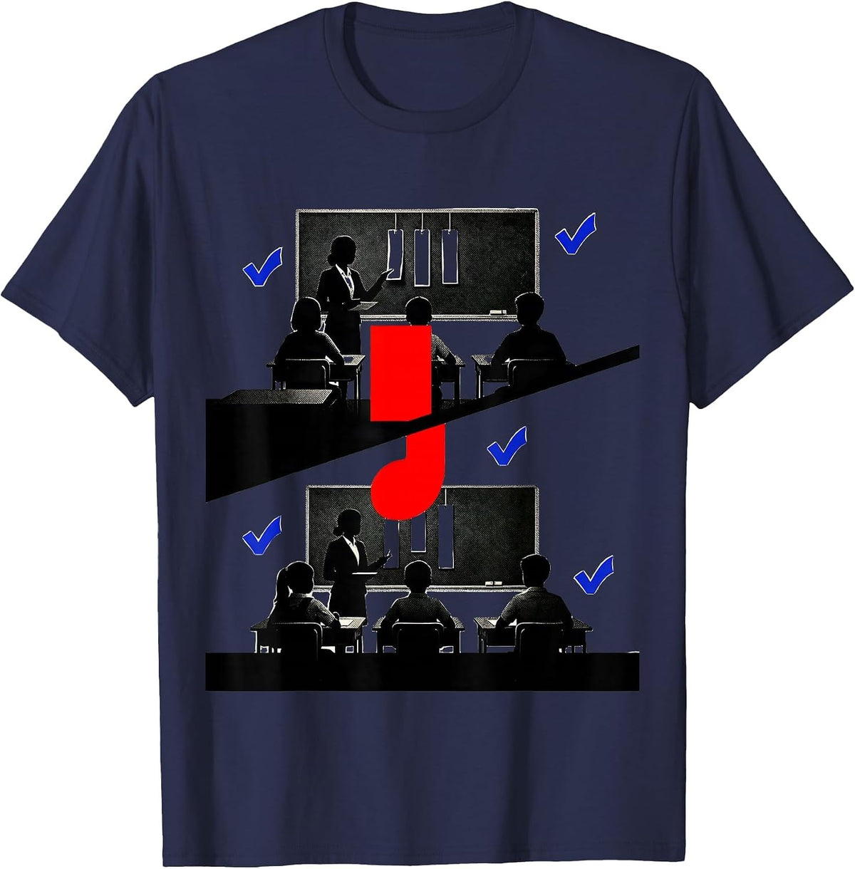 Men's Stacked Classroom Comma Hinge Funny Grammar Teacher Humor T-Shirt - Navy Blue