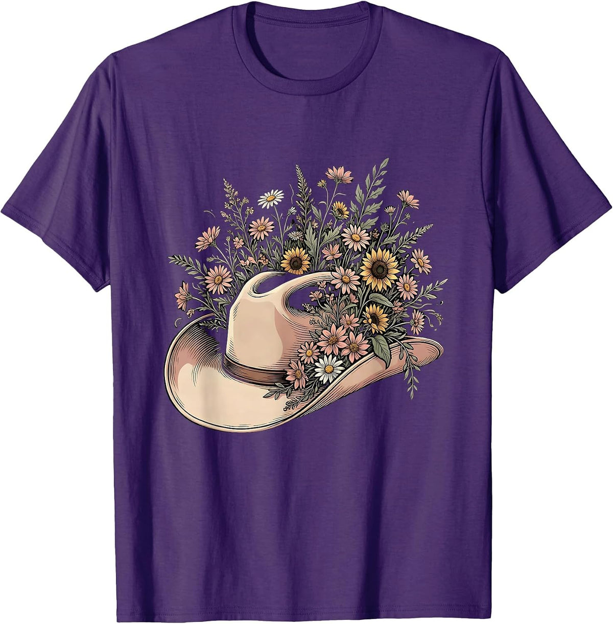 Men's Cowgirl Hat Wildflowers Western Floral Illustration T-Shirt - Purple