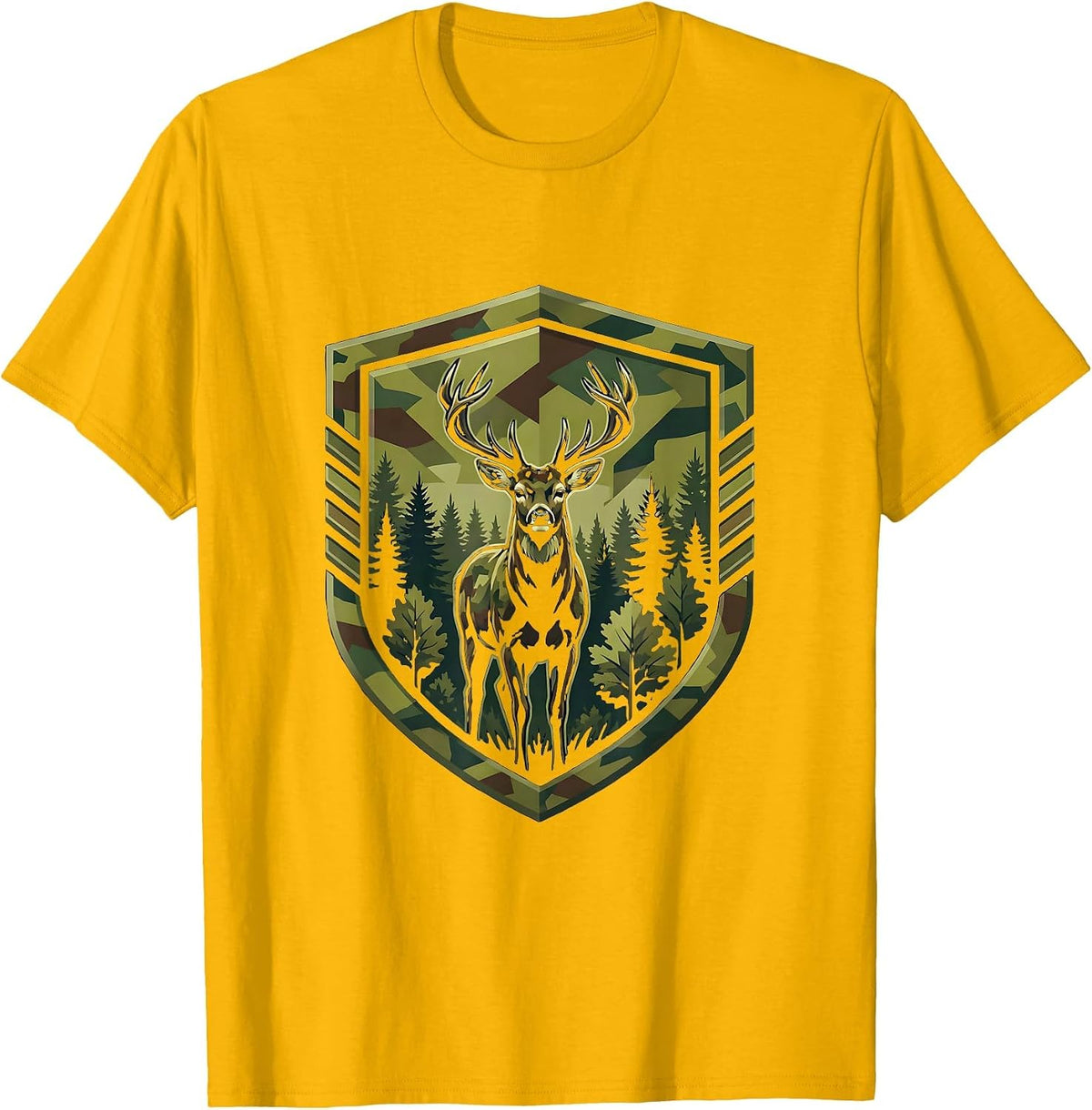 Camo Deer Silhouette Forest Hunting Design T-Shirt - Golden Yellow