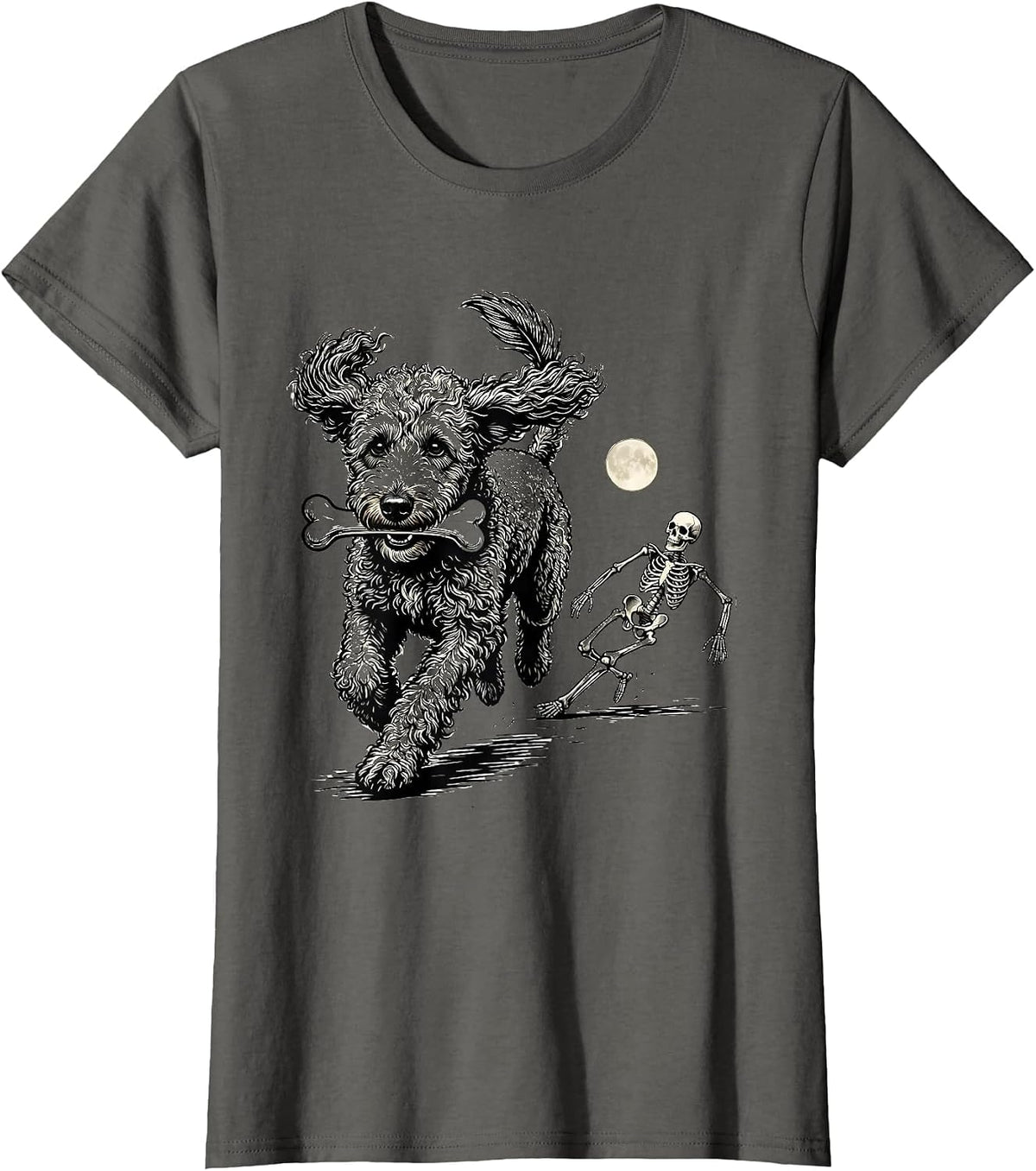 Women's Funny Skeleton Chasing Bernedoodle Halloween Dog Mom T-Shirt - Asphalt Grey