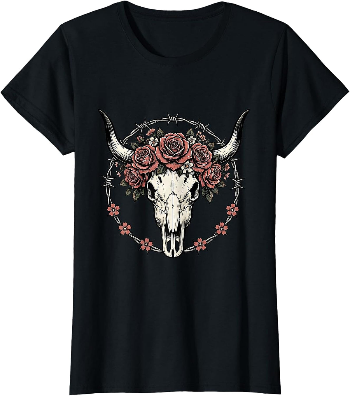 Longhorn Skull Flower Crown Western Cowgirl Graphic T-Shirt - Black