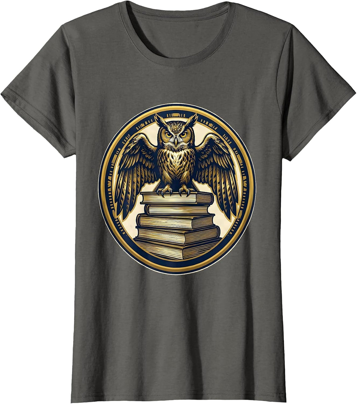 Women's School Counselor Owl on Books Graphic Design T-Shirt - Asphalt Grey