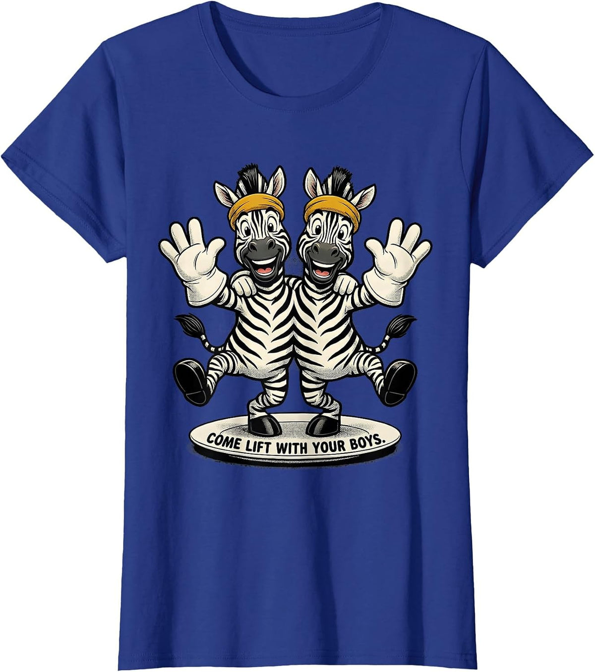 Women's Come Lift With Your Boys Retro Cartoon Zebra Duo Gym Humor T-Shirt - Royal Blue