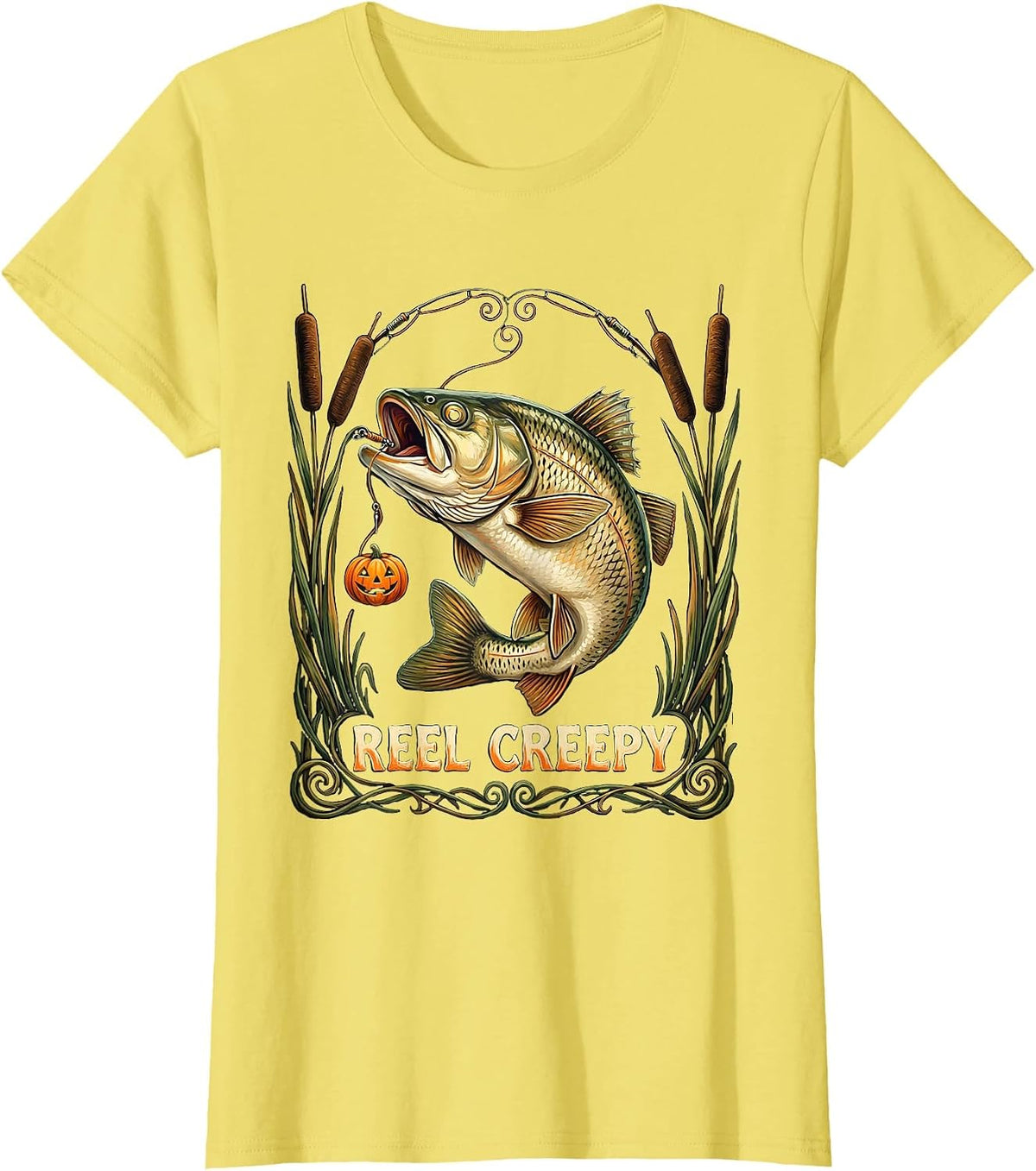 Reel Creepy Folk Art Halloween Fishing Ghost Trout Gift T-Shirt - Lemon Yellow