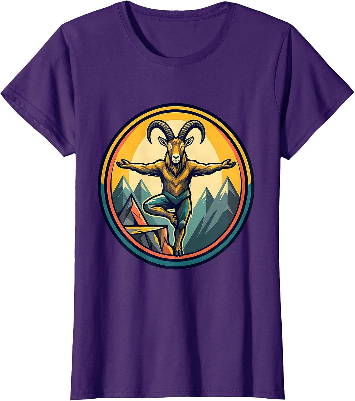 Women's Funny Mountain Goat Yoga on Cliff Edge Graphic T-Shirt - Purple