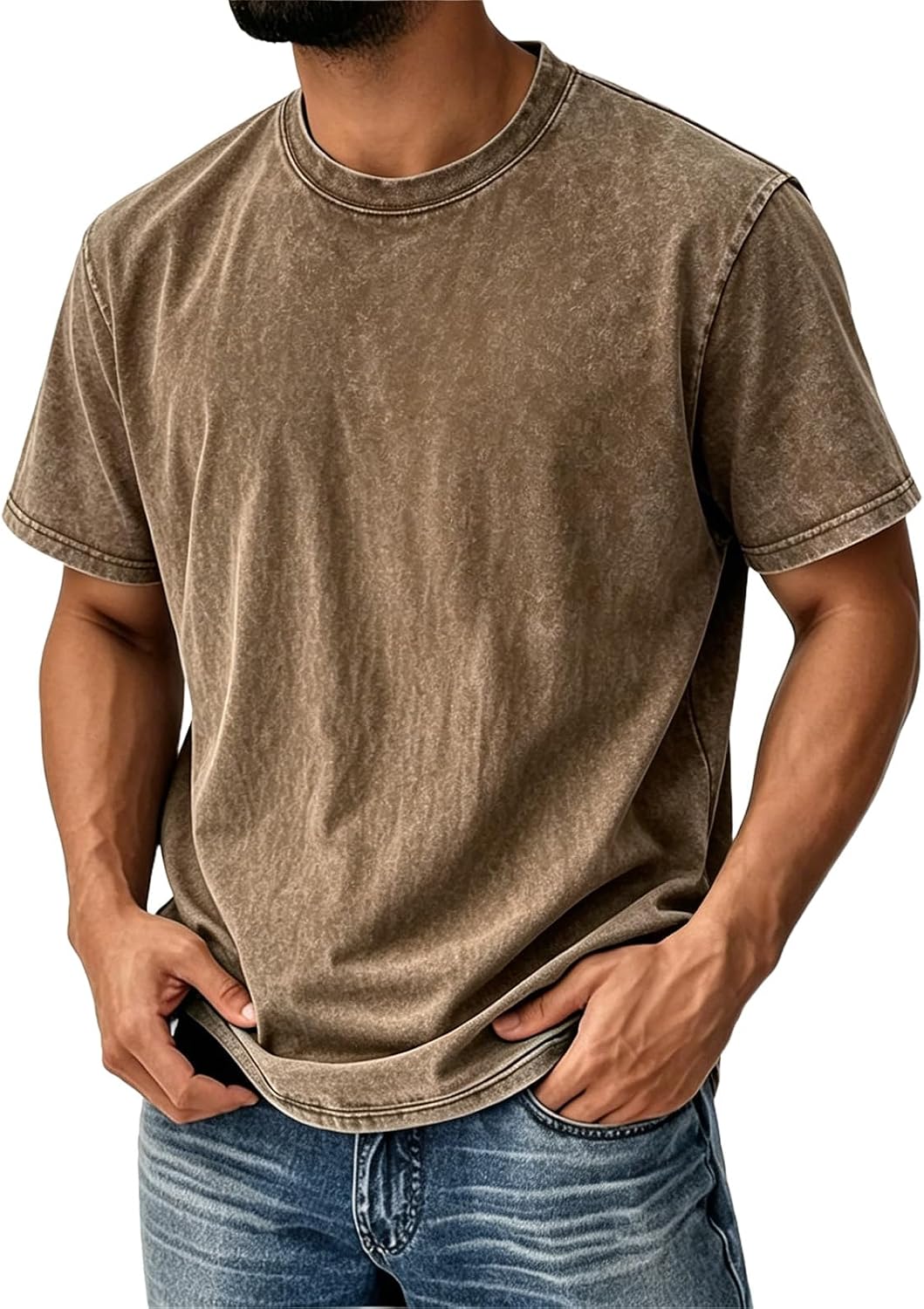 Mens Short Sleeve Shirts Distressed Washed Casual Shirts Crew Neck Vintage Retro Acid Wash Summer Denim Tee Tops - Pf40-green