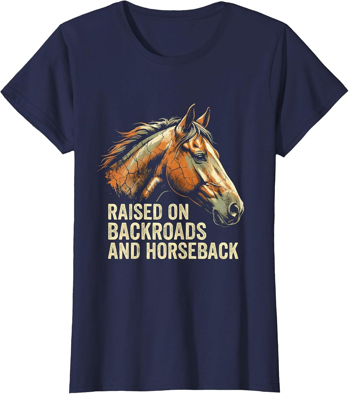 Women's Raised On Backroads And Horseback Boho Western Horse Lover T-Shirt - Navy Blue