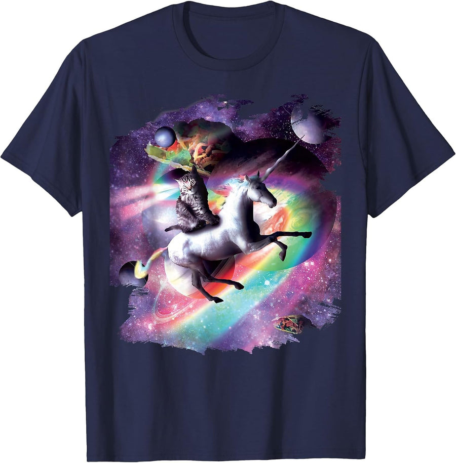 Space Cat Riding Unicorn - Laser, Tacos and Rainbow T-Shirt - Navy Blue